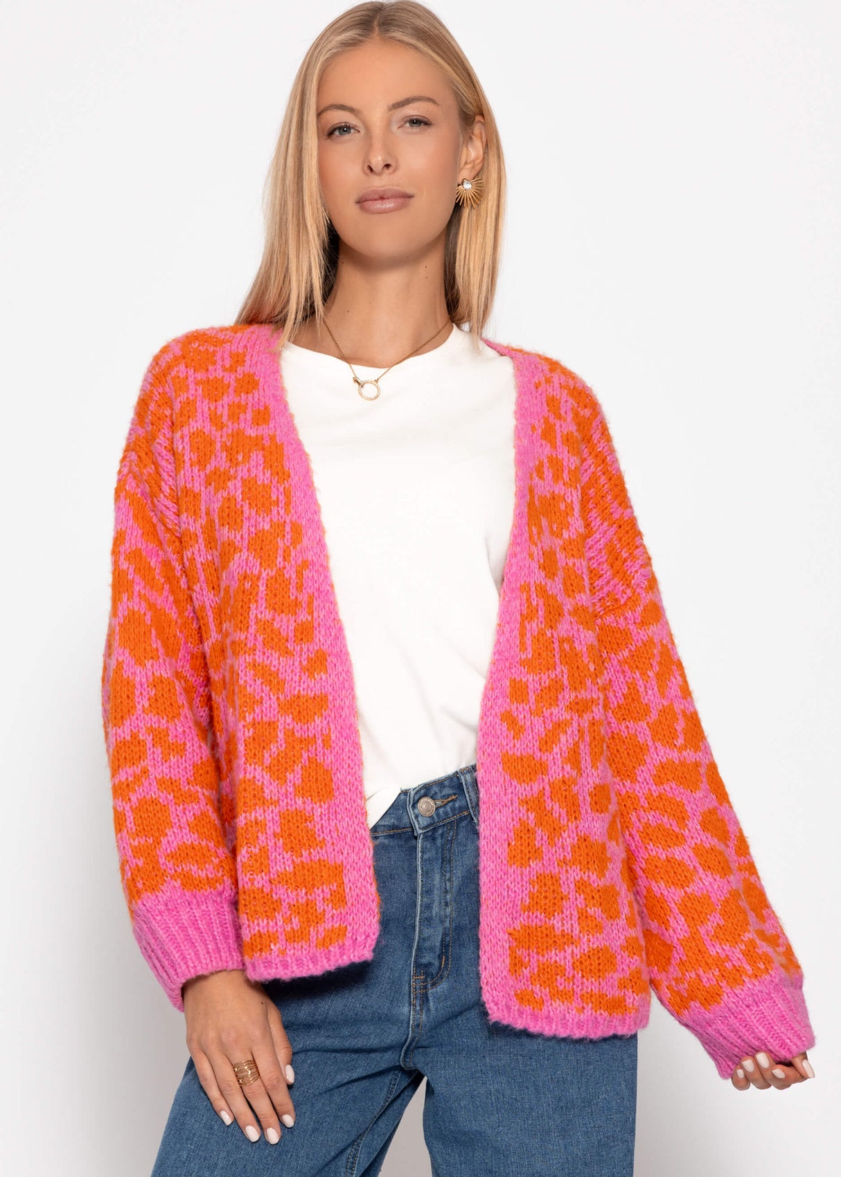 Kurzer Cardigan mit Leo-Print - pink-orange