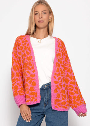 Kurzer Cardigan mit Leo-Print - pink-orange
