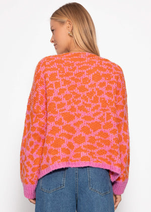 Kurzer Cardigan mit Leo-Print - pink-orange