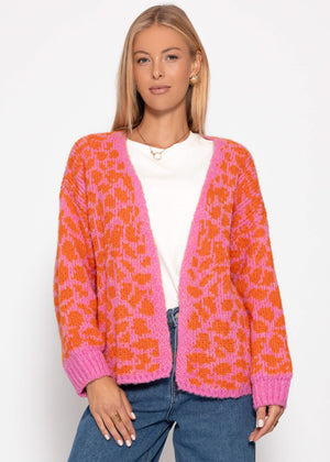 Kurzer Cardigan mit Leo-Print - pink-orange