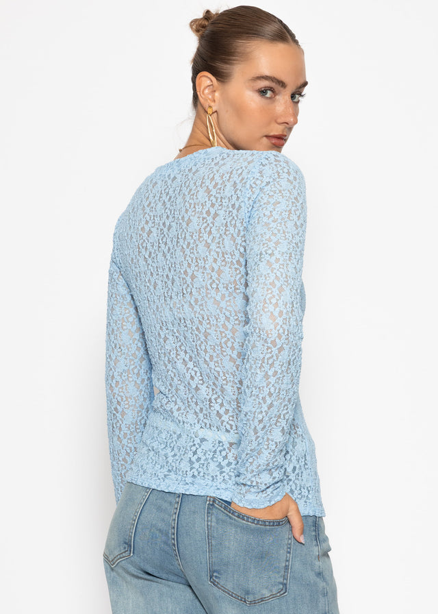 Long-sleeved lace top with V-neck - light blue