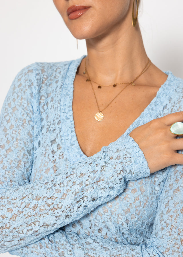 Long-sleeved lace top with V-neck - light blue