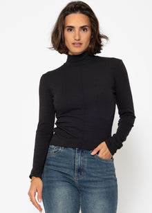 Langarmshirt mit Rollkragen und Biese - schwarz