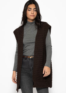 Long sleeveless knit vest with structured shoulders - brown