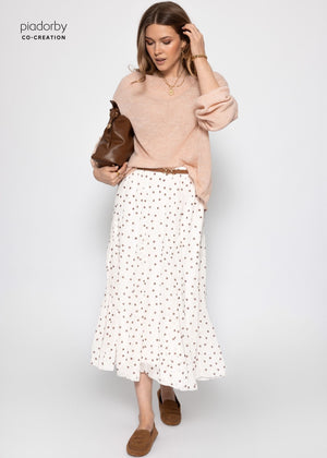 Langer Chiffon Rock mit Punktemuster - offwhite