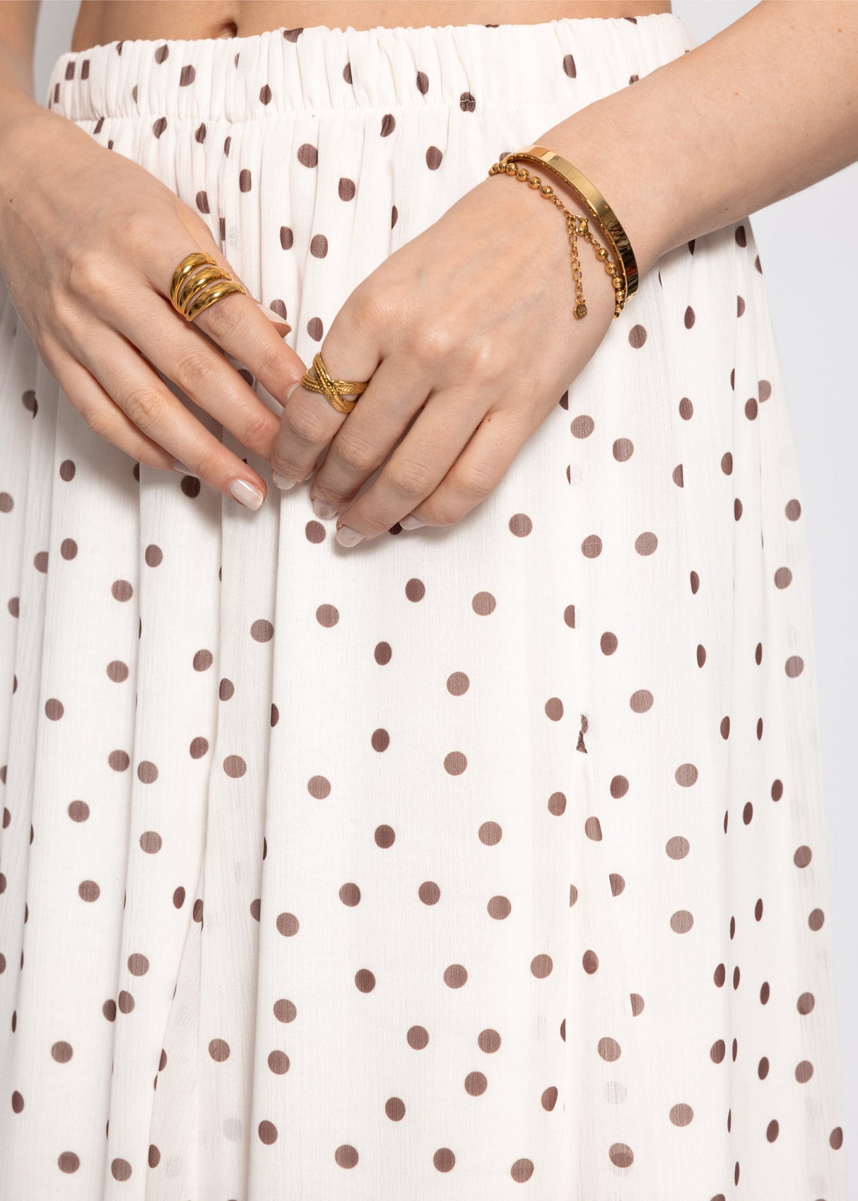 Langer Chiffon Rock mit Punktemuster - offwhite