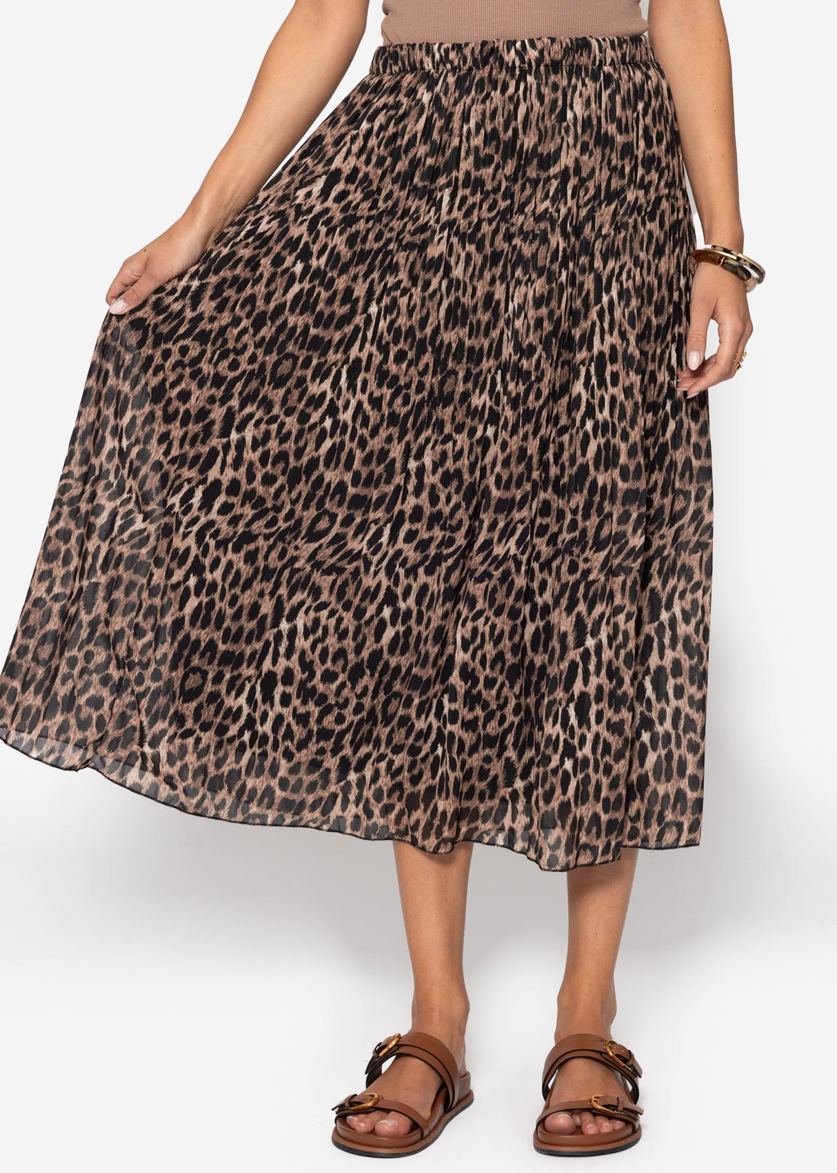 Langer Plissée-Rock aus Chiffon mit Leo-Print - braun