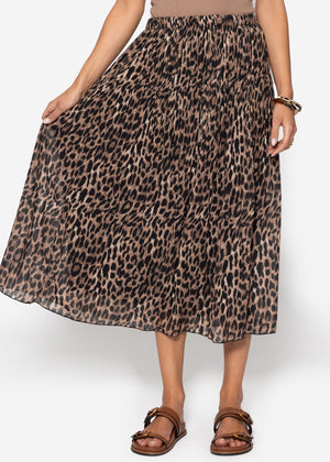 Langer Plissée-Rock aus Chiffon mit Leo-Print - braun