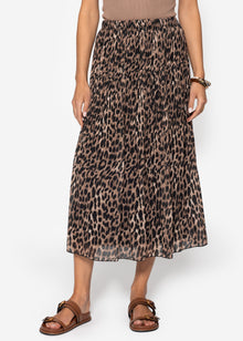 Langer Plissée-Rock aus Chiffon mit Leo-Print - braun