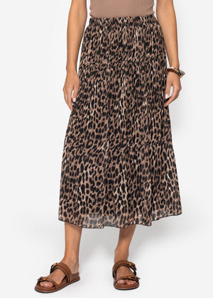 Langer Plissée-Rock aus Chiffon mit Leo-Print - braun