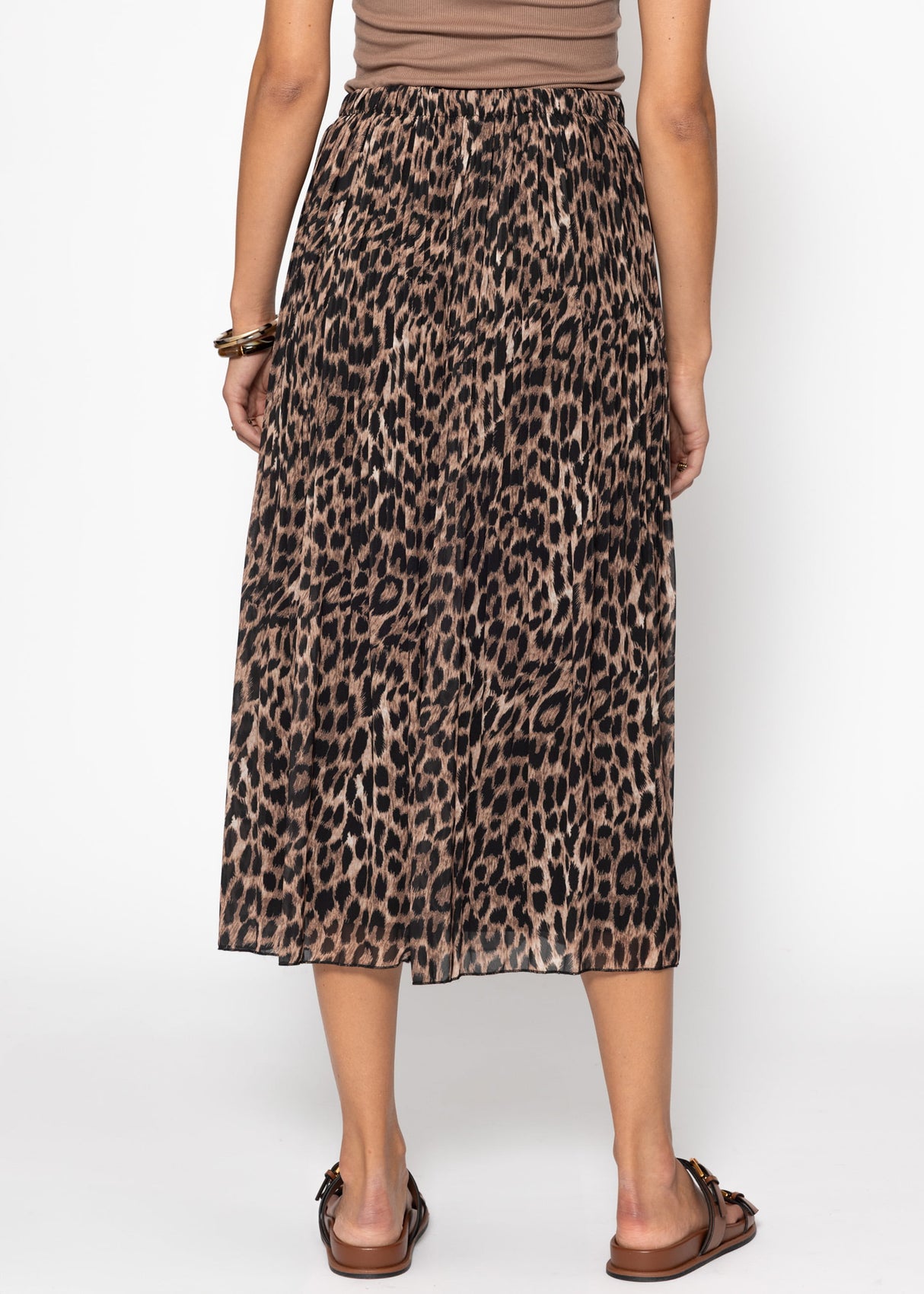 Langer Plissée-Rock aus Chiffon mit Leo-Print - braun