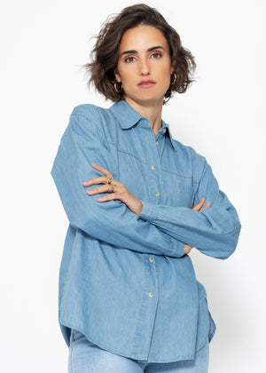 Lässige Denim Hemdbluse mit Brusttasche - blau