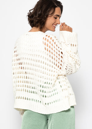 Lässige Strickjacke mit Lochstrickmuster - offwhite