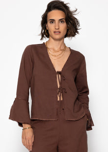 Leinen Bluse mit Trompetenärmel und Schleifenverschluss - braun