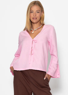 Leinen Bluse mit Trompetenärmel und Schleifenverschluss - pink