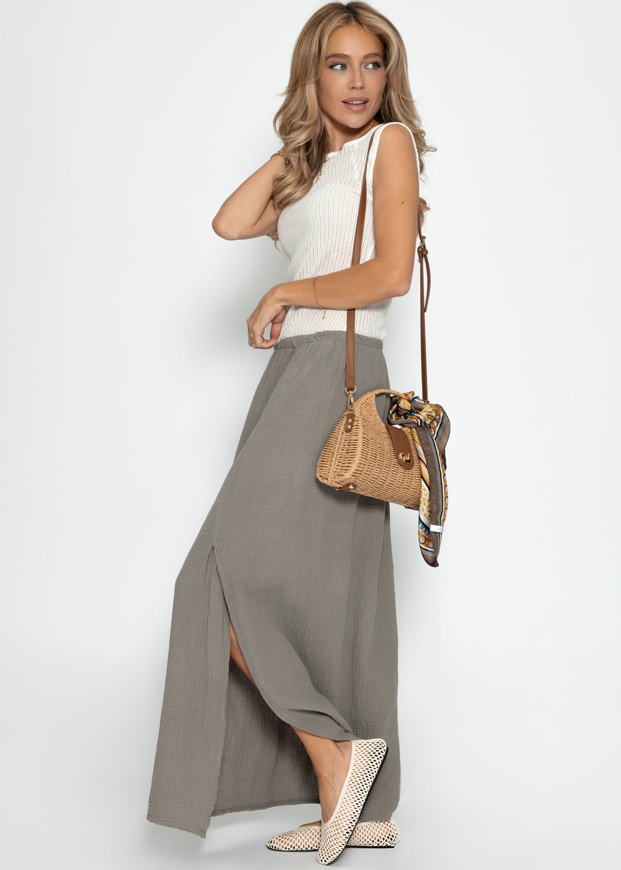 Maxi Musselin Rock mit Schlitz - taupe
