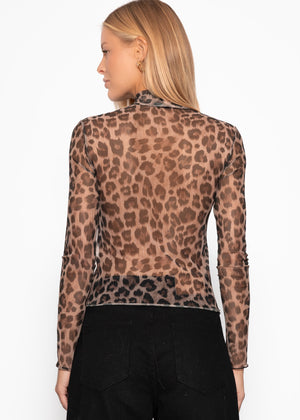 Mesh long-sleeved shirt with leopard print - brown