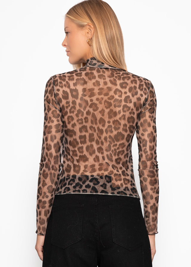 Mesh long-sleeved top with leopard print - brown