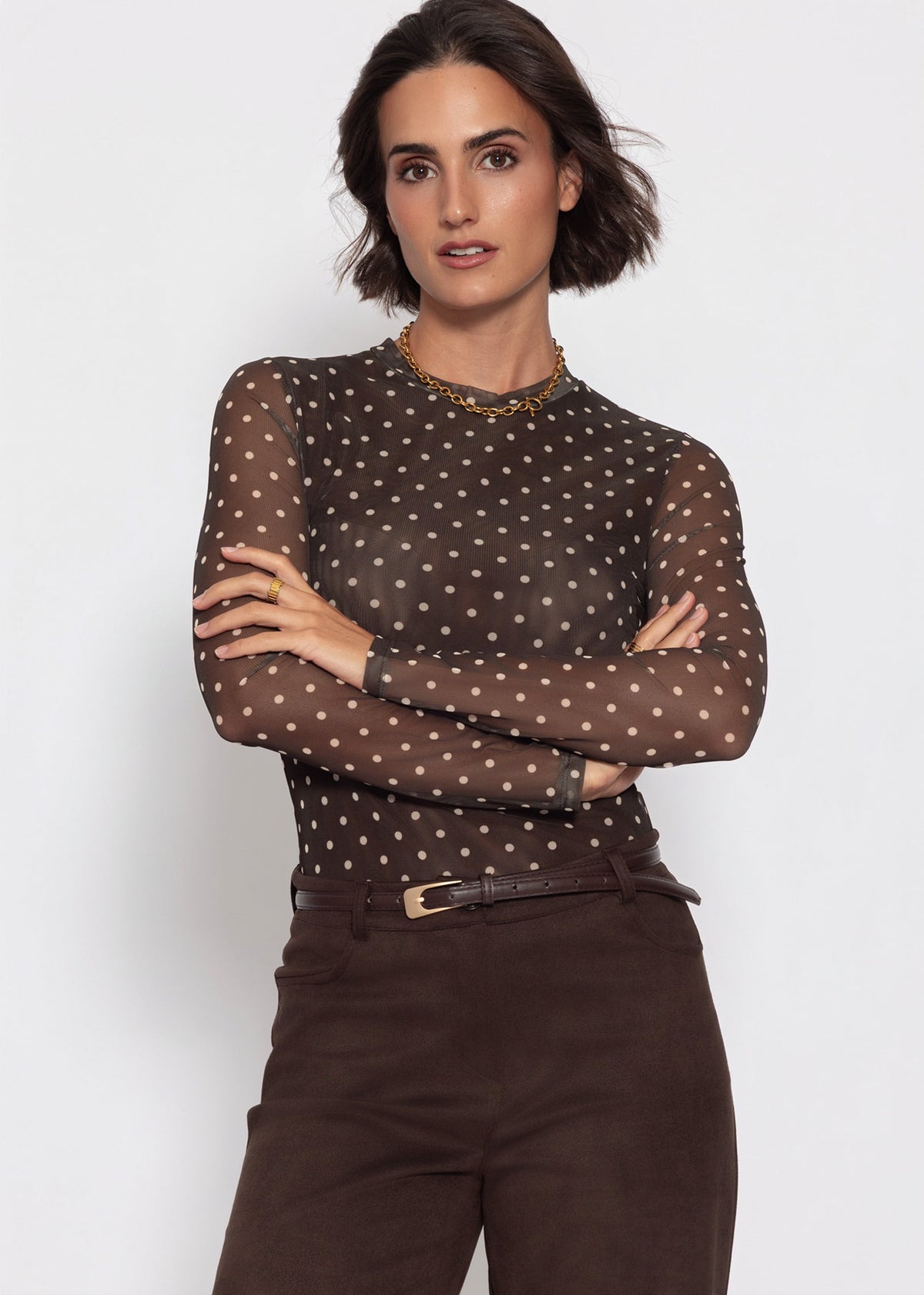 Mesh Langarmshirt mit Punkten - braun