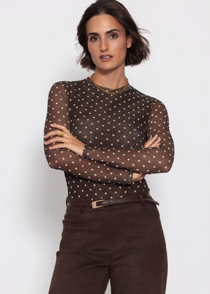 Mesh Langarmshirt mit Punkten - braun
