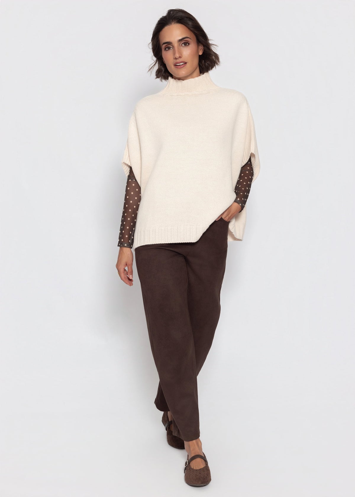 Mesh Langarmshirt mit Punkten - braun