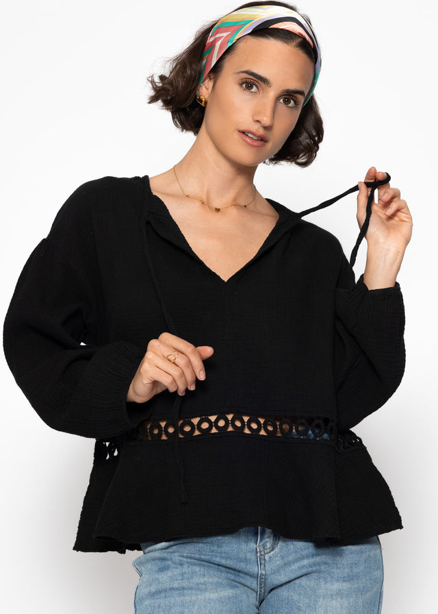 Muslin blouse with peplum - black