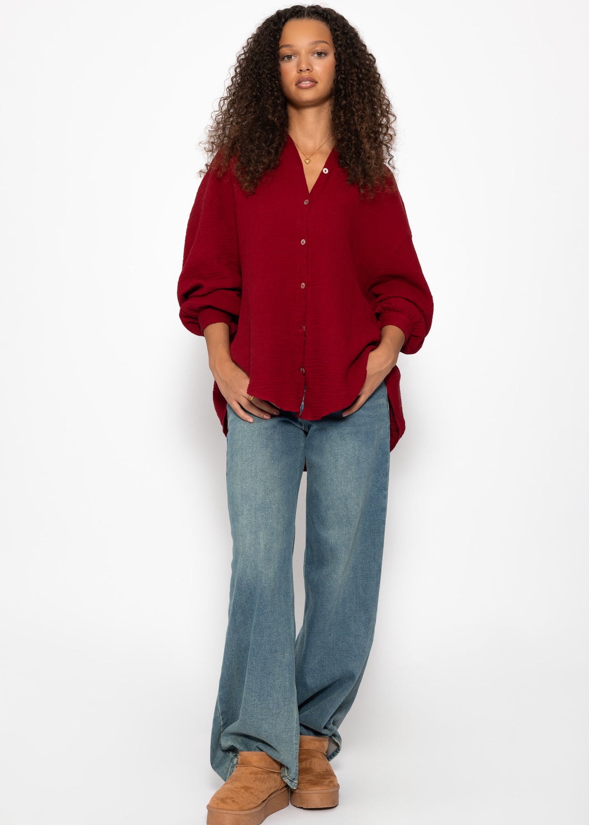 Musselin Bluse oversize, kurz, dunkelrot