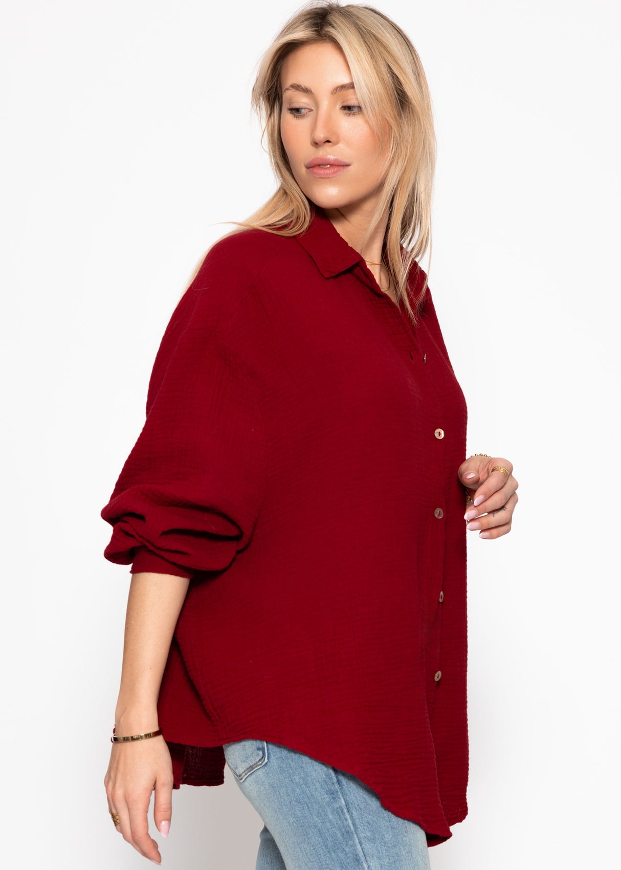 Musselin Bluse oversize, kurz, dunkelrot