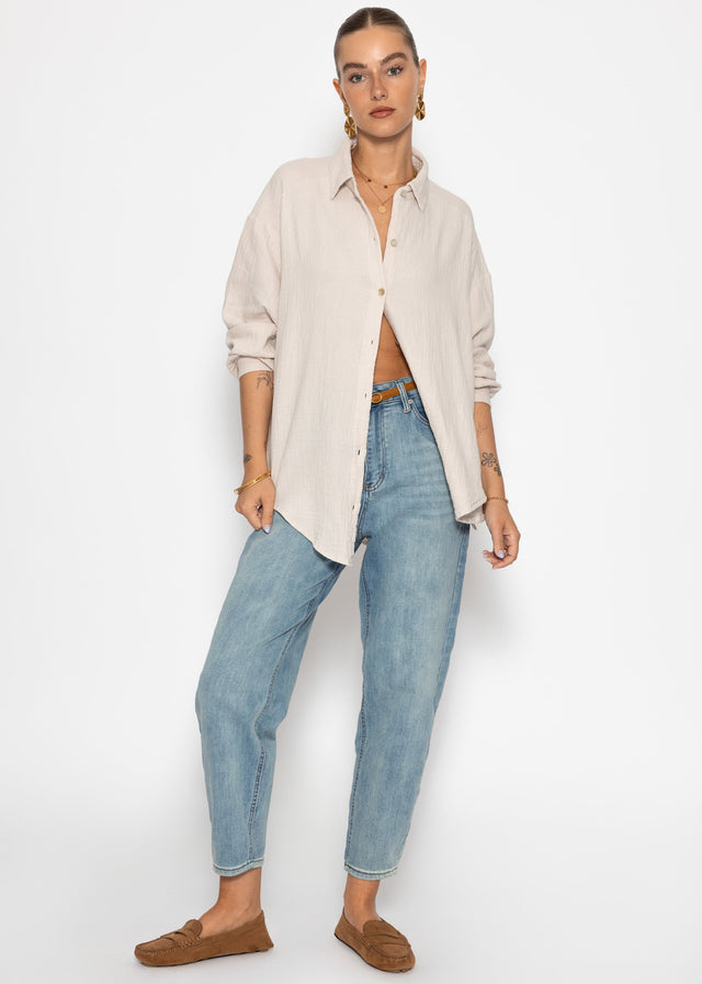 Musselin Bluse oversize, kurz - hellbeige