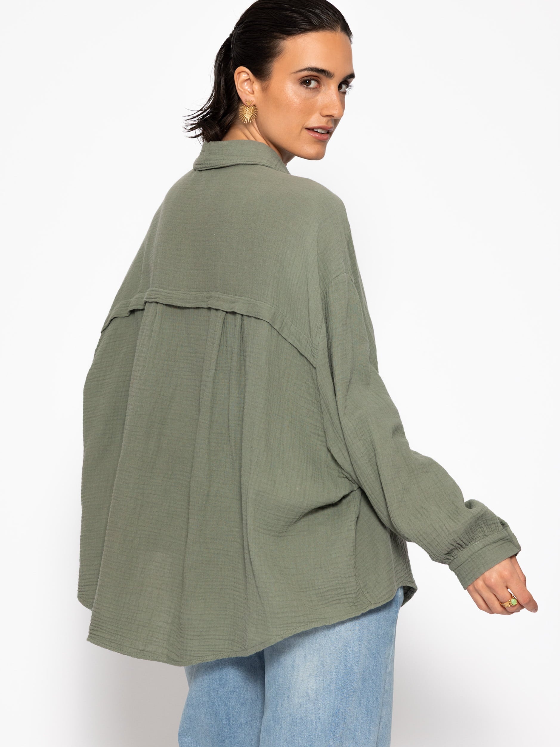 Musselin Bluse oversize, kurz - khaki