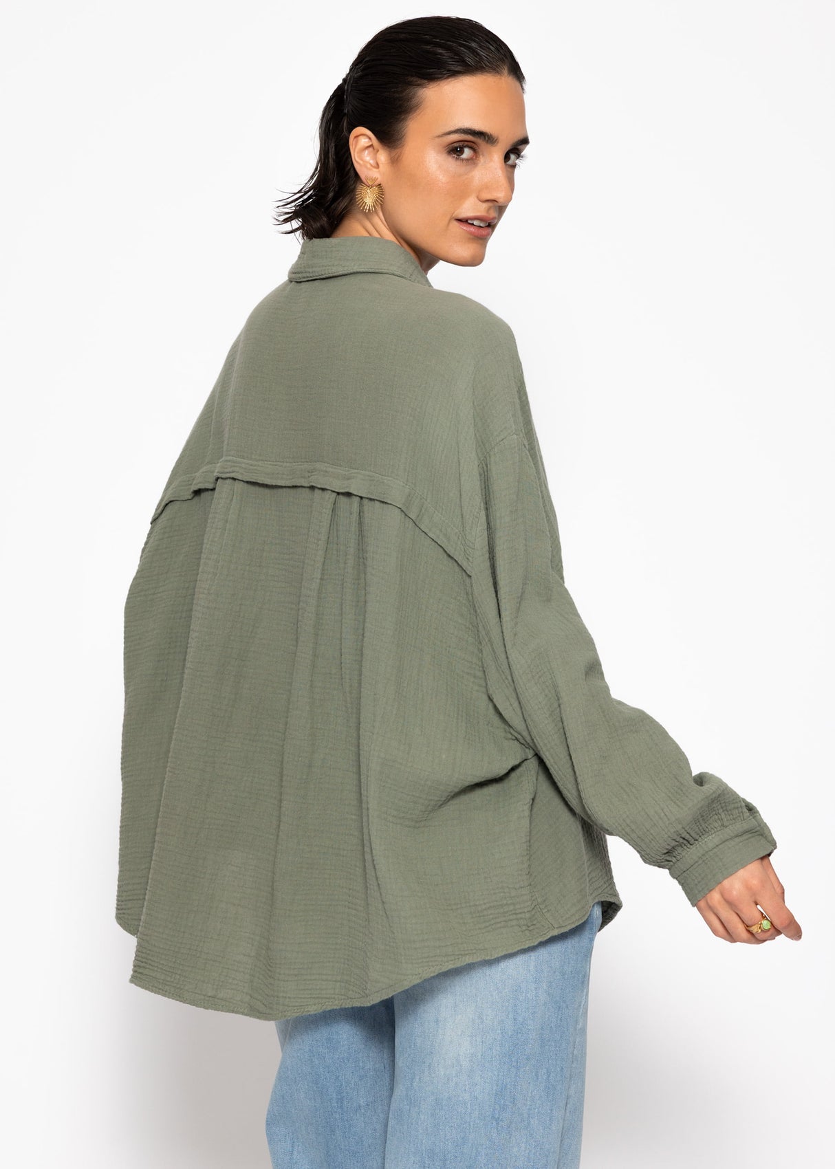 Musselin Bluse oversize, kurz - khaki