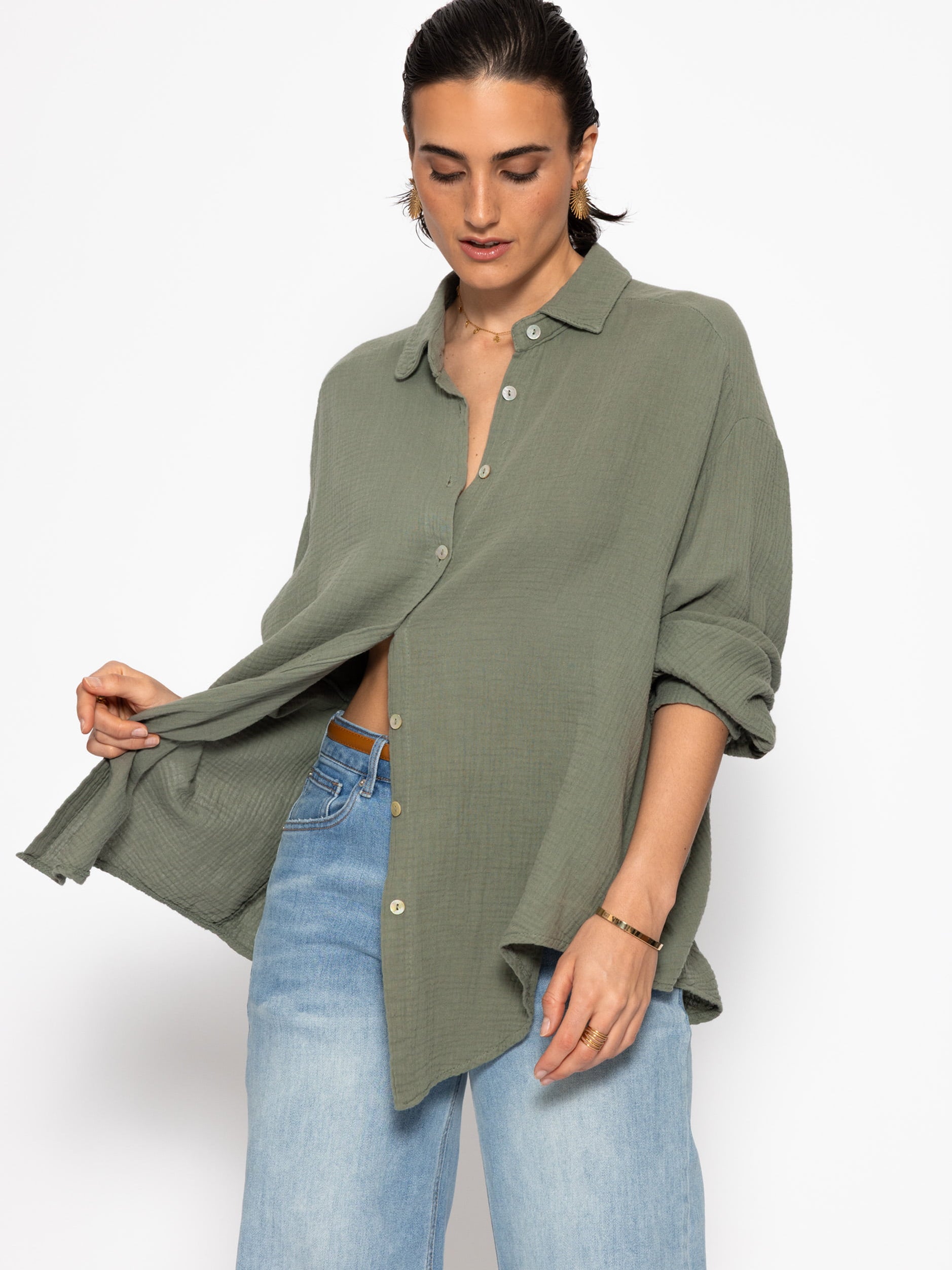 Musselin Bluse oversize, kurz - khaki