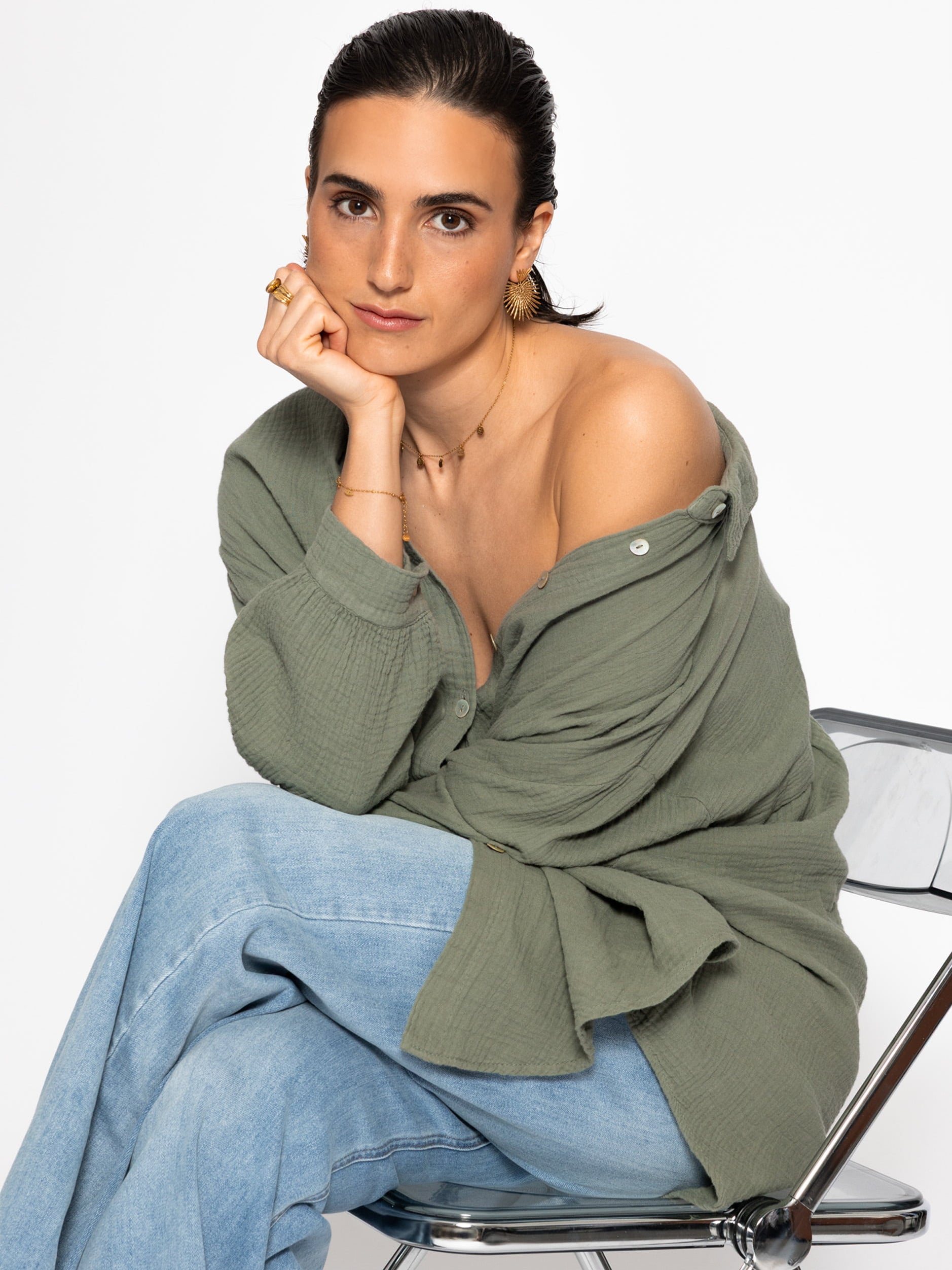 Musselin Bluse oversize, kurz - khaki