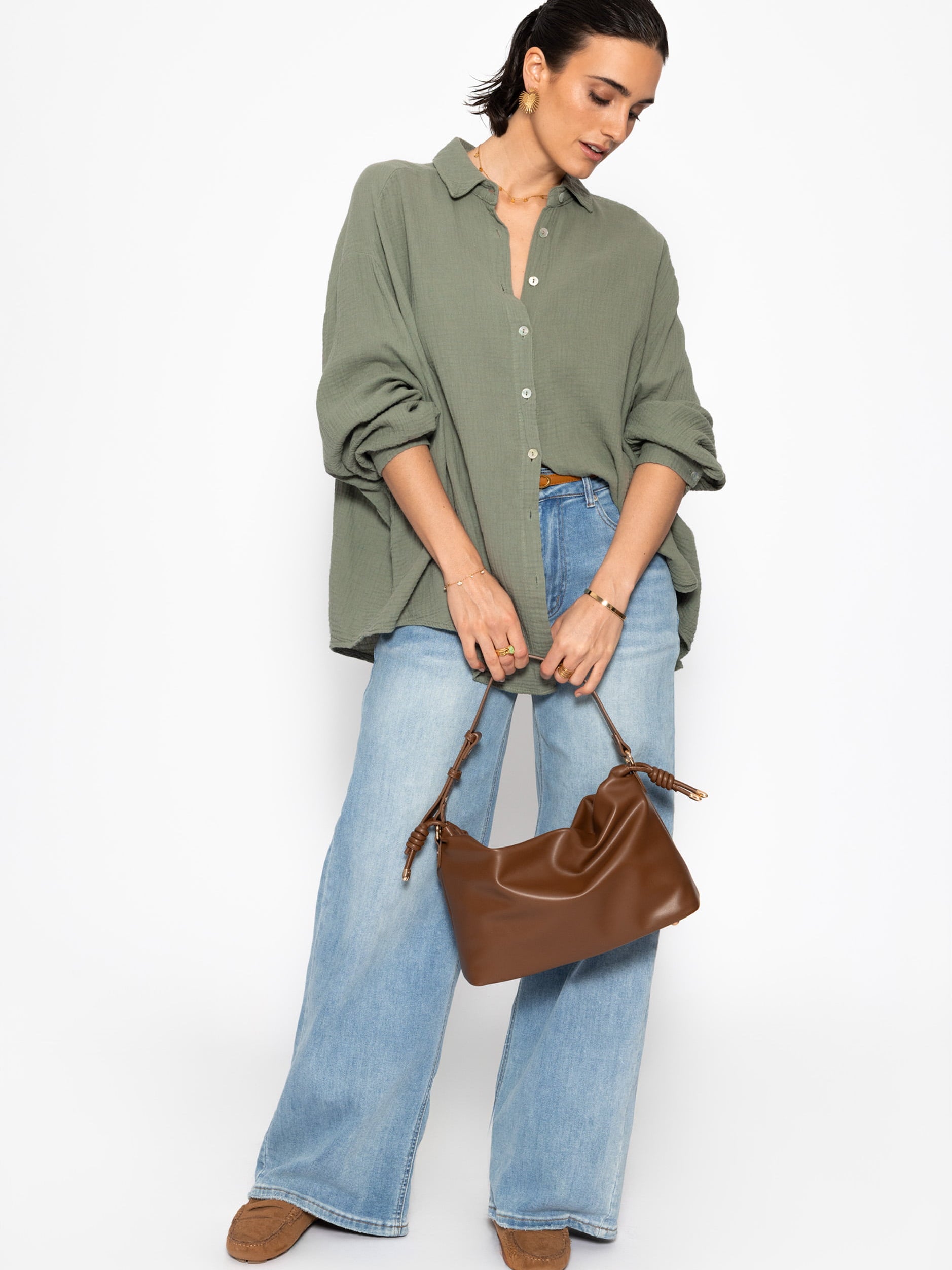 Musselin Bluse oversize, kurz - khaki