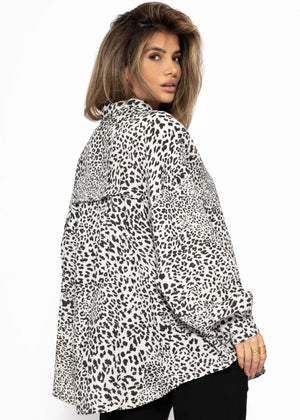 Muslin blouse oversize, short, with leopard print, light beige