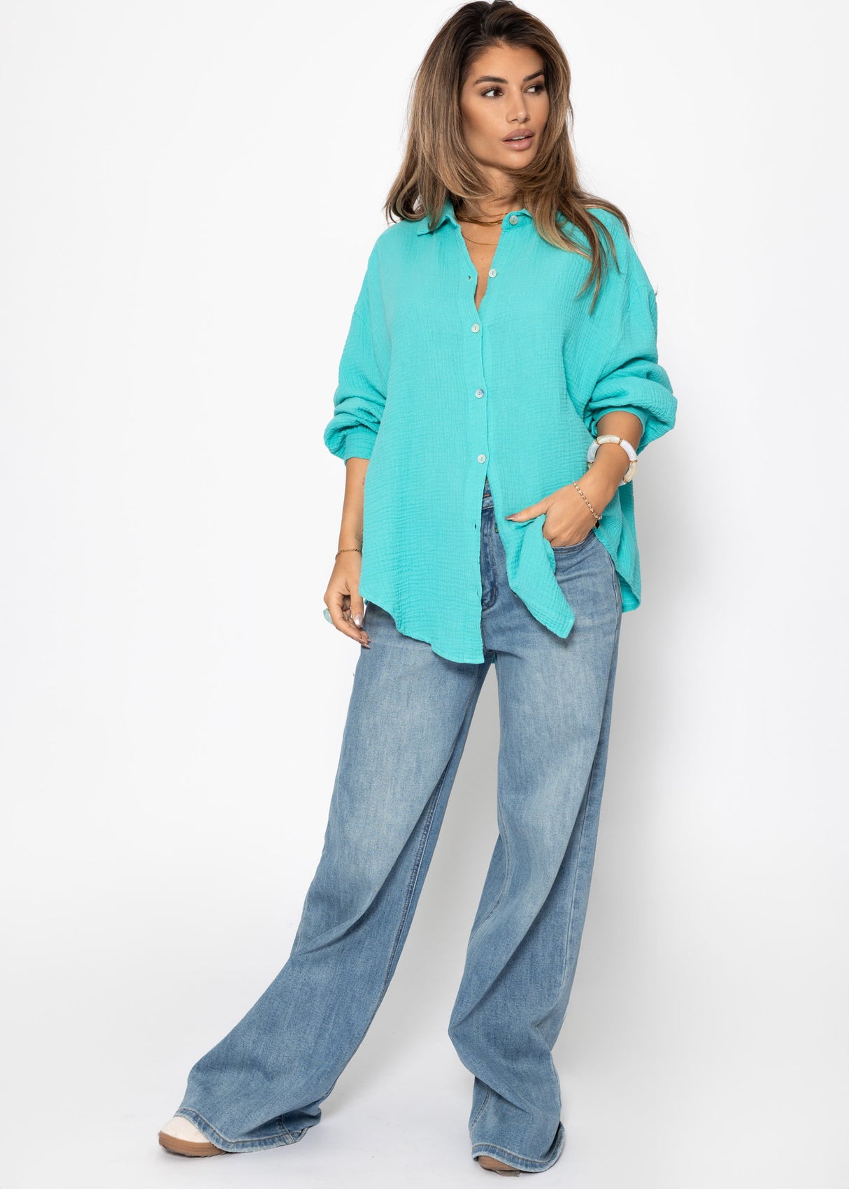 Muslin blouse oversize, short, turquoise