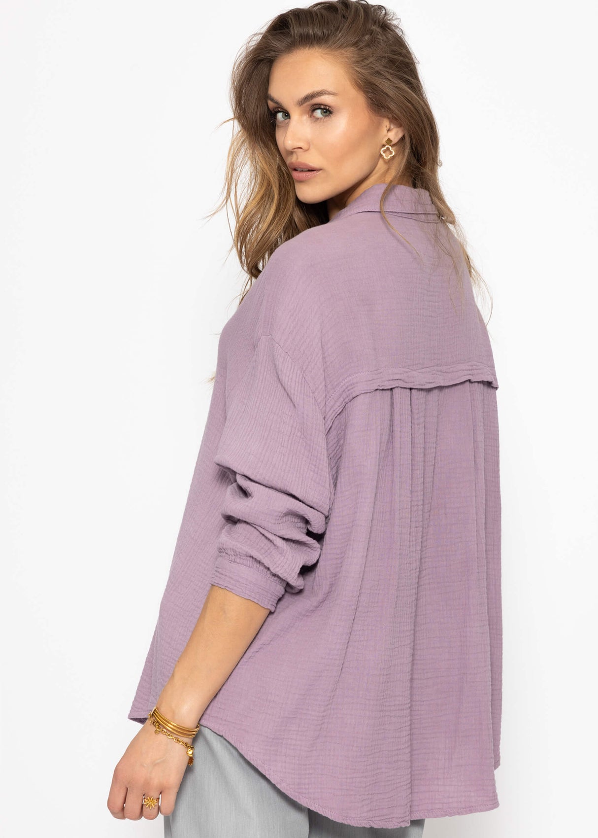 Muslin blouse oversize, short, purple