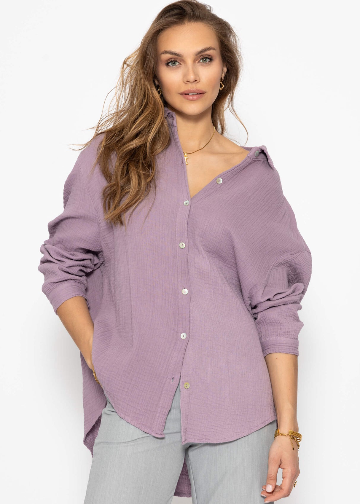 Muslin blouse oversize, short, purple