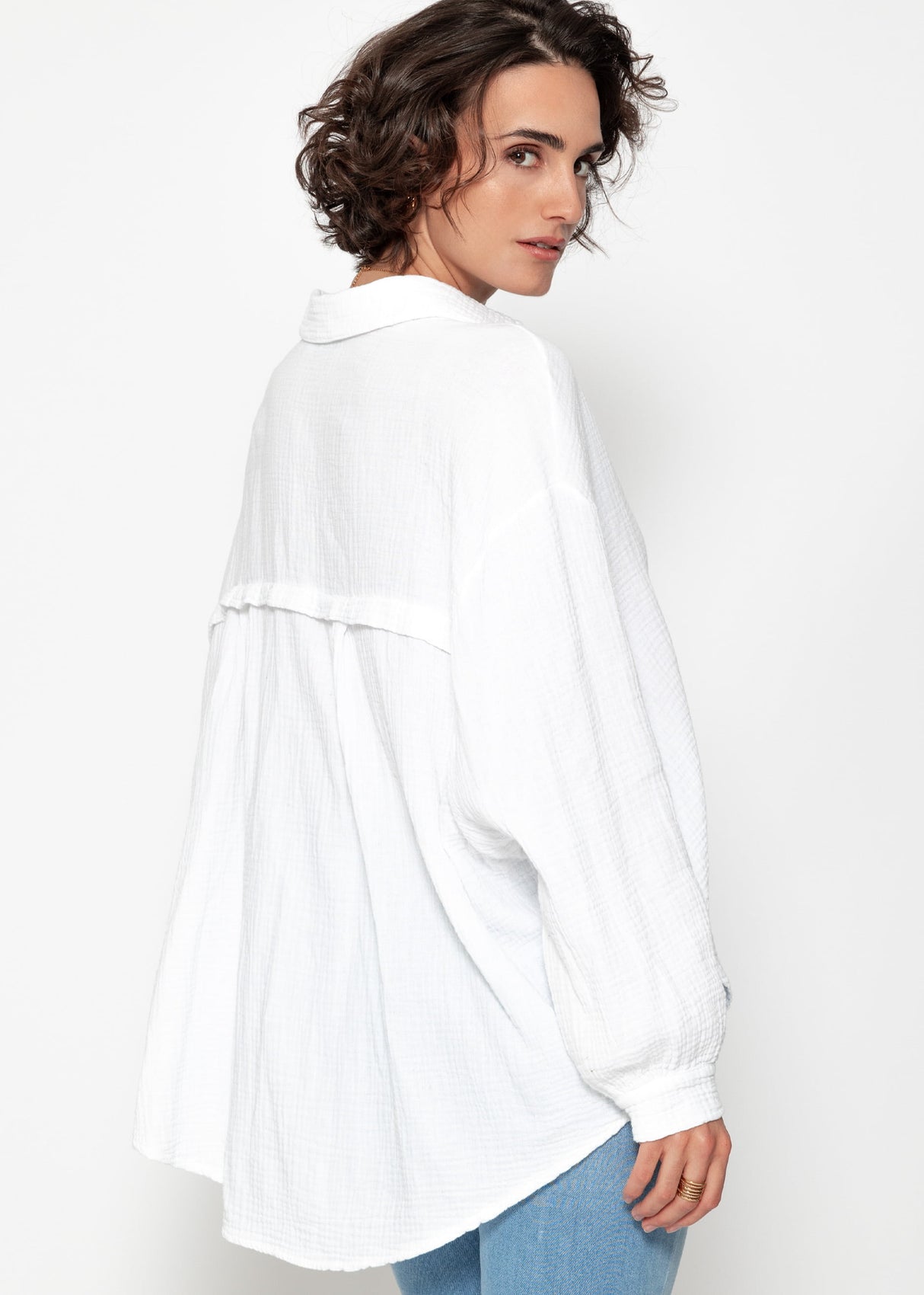 Musselin Bluse oversize, kurz, weiß