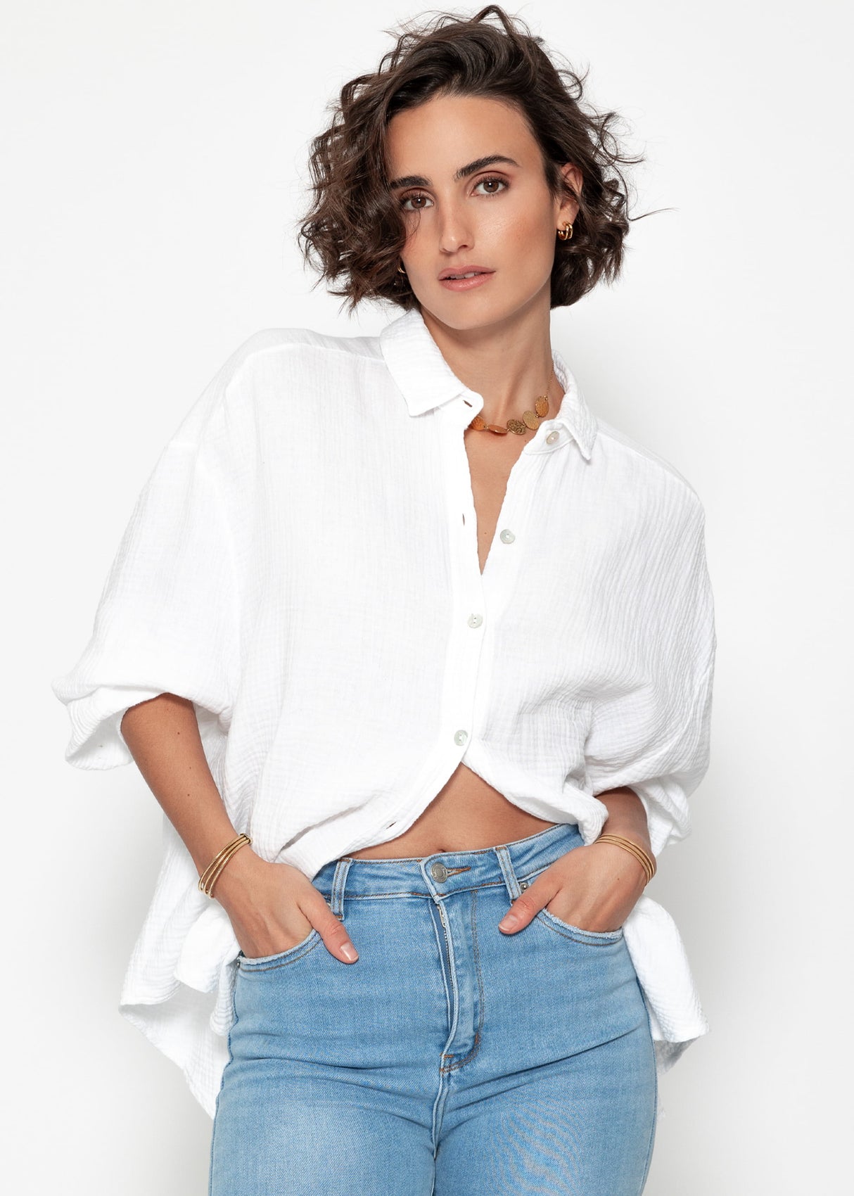 Musselin Bluse oversize, kurz, weiß