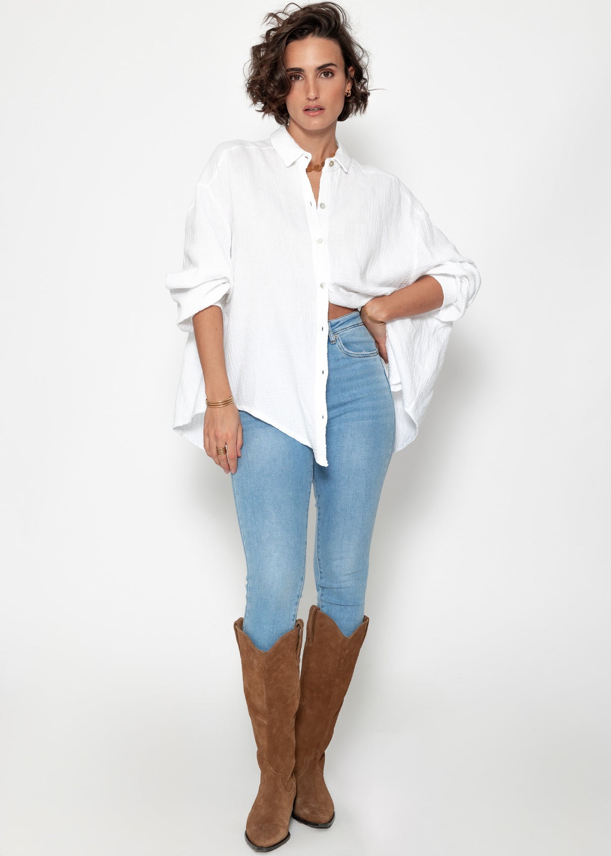 Musselin Bluse oversize, kurz, weiß