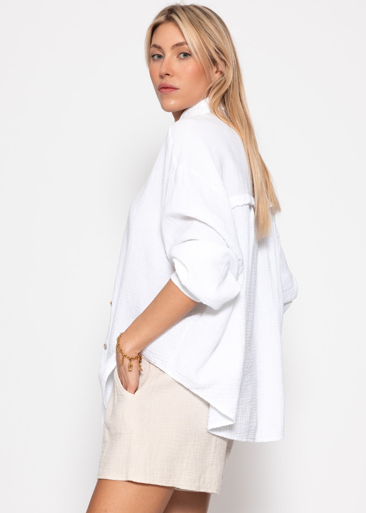Musselin Bluse oversize, kurz, weiß