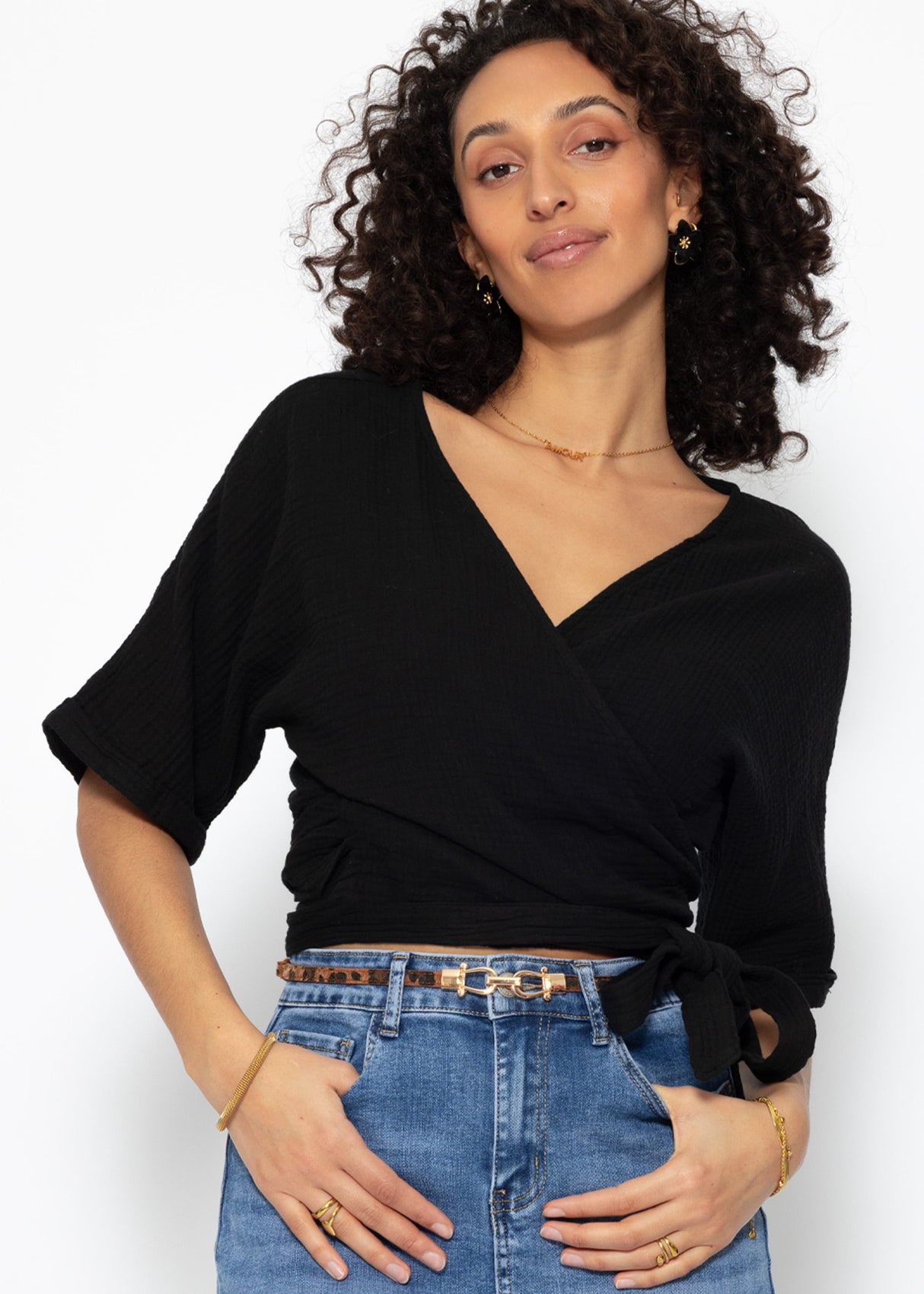Muslin wrap blouse - black