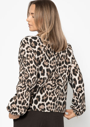 Musselin Blusenjacke mit Bindebänder in Leo-Print - braun