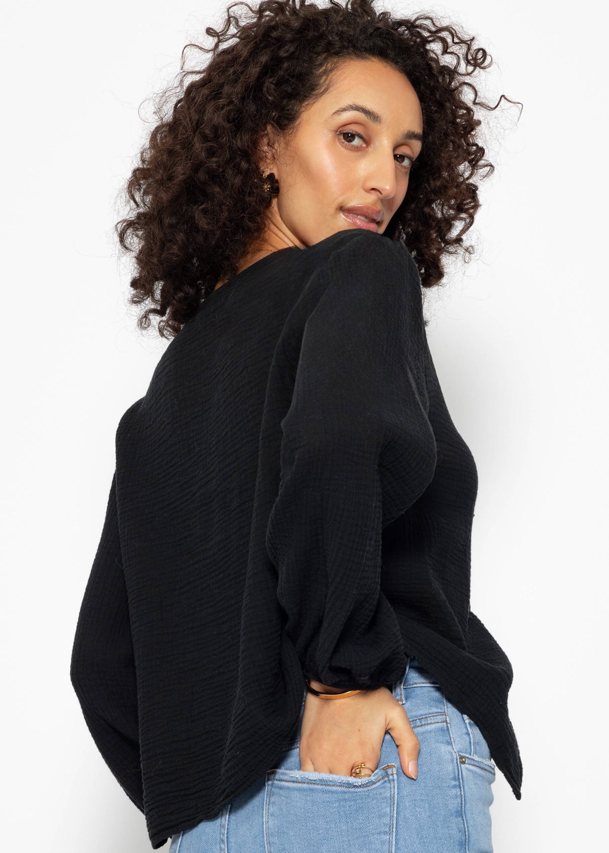 Muslin blouse jacket with ties - black
