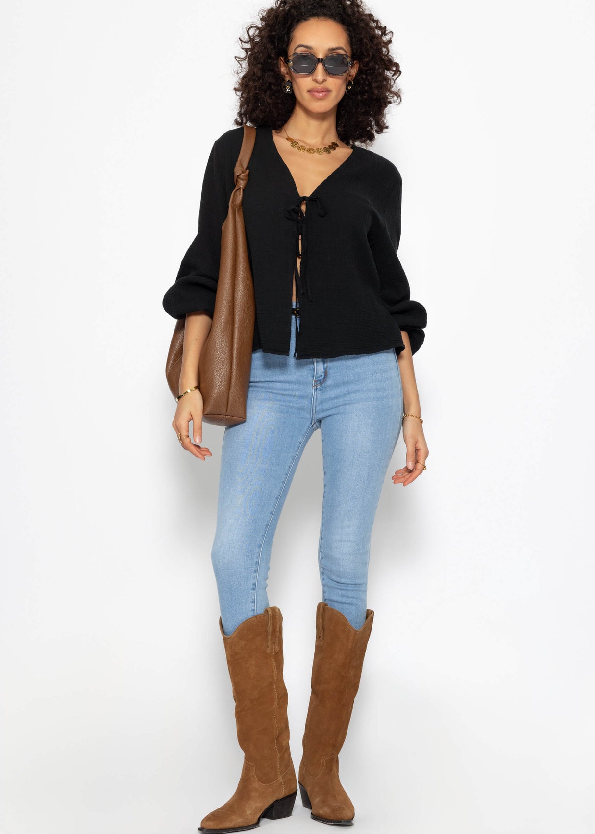 Muslin blouse jacket with ties - black