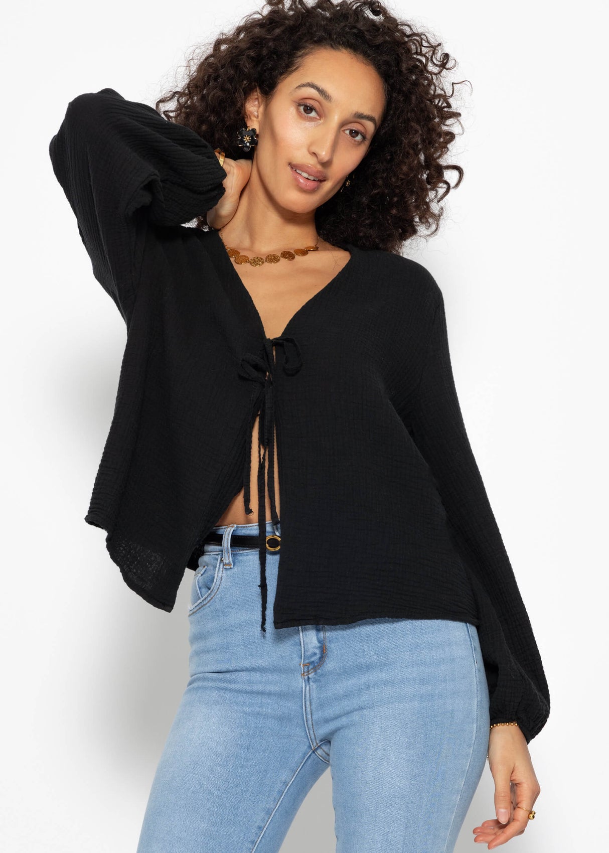 Muslin blouse jacket with ties - black