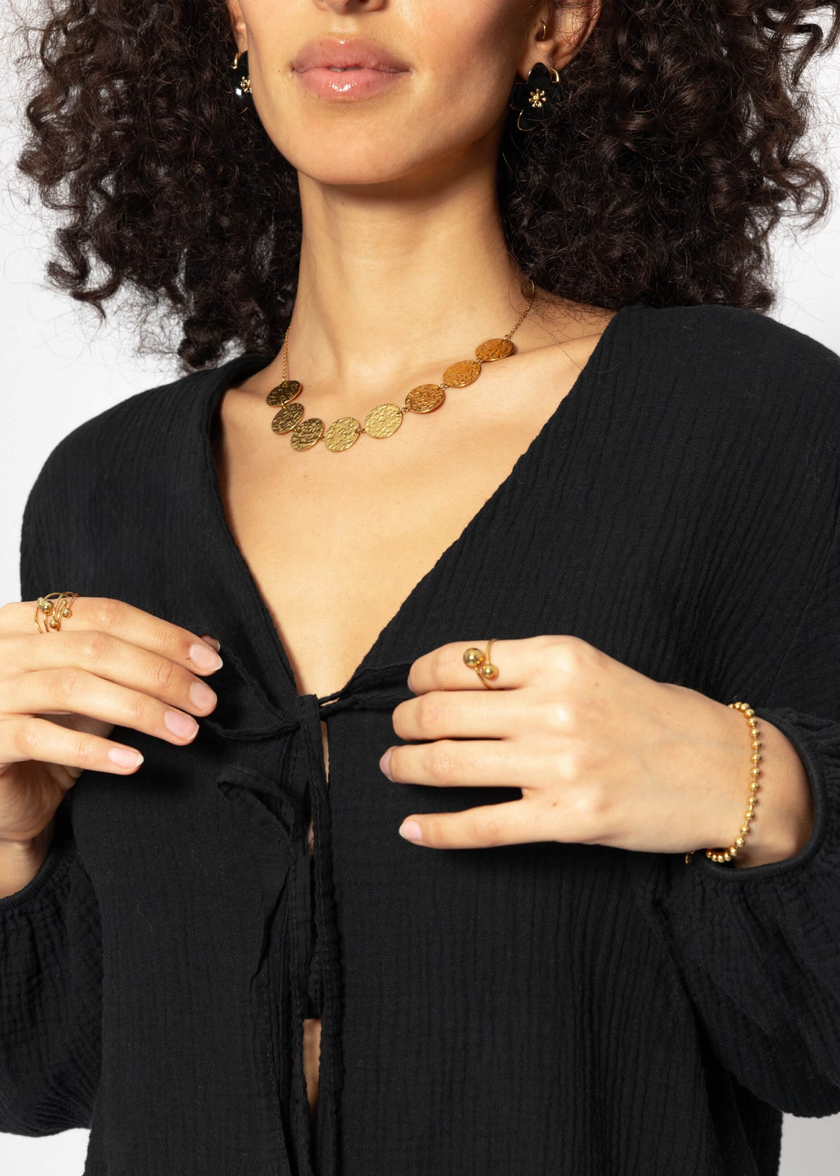 Muslin blouse jacket with ties - black