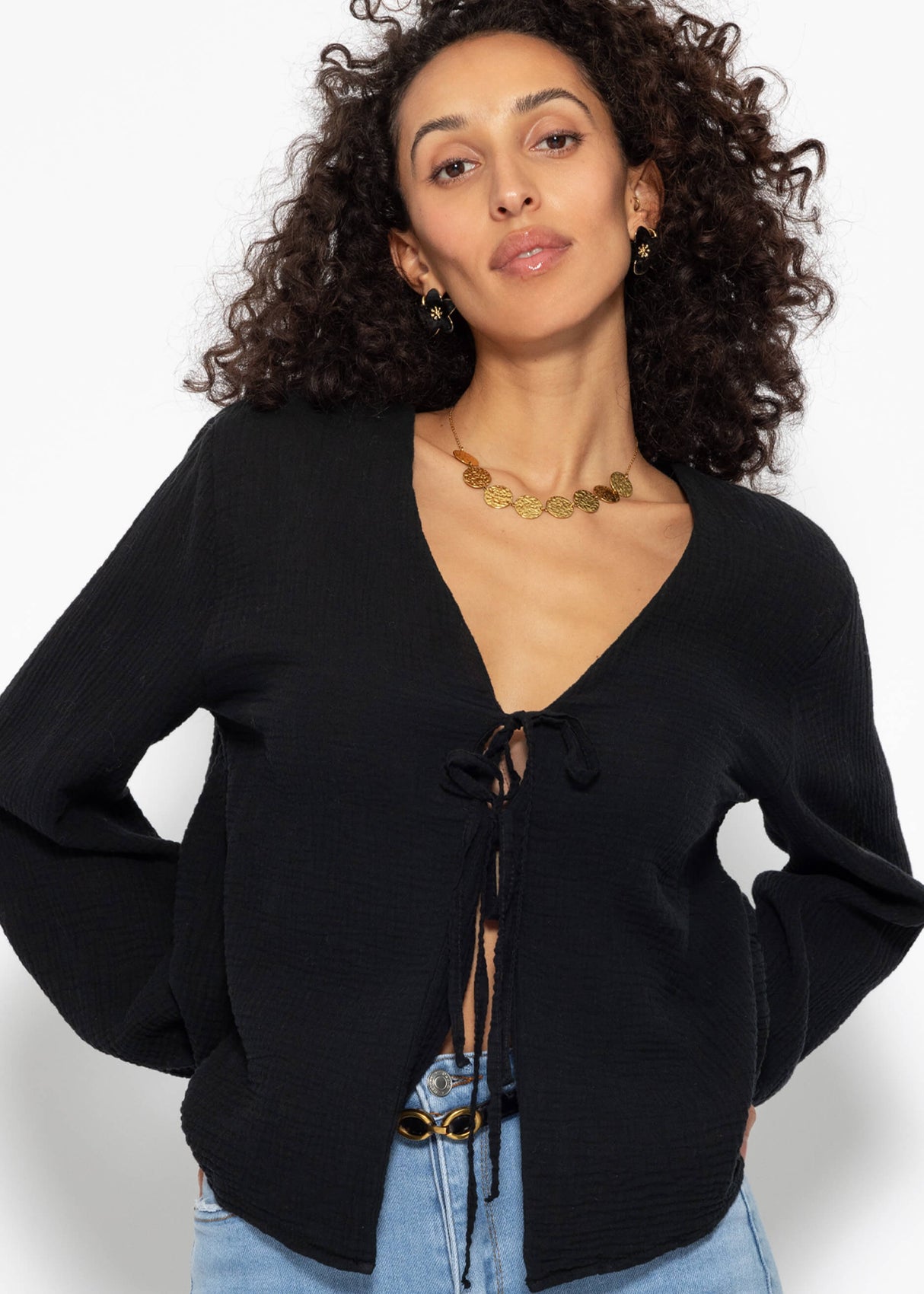Muslin blouse jacket with ties - black