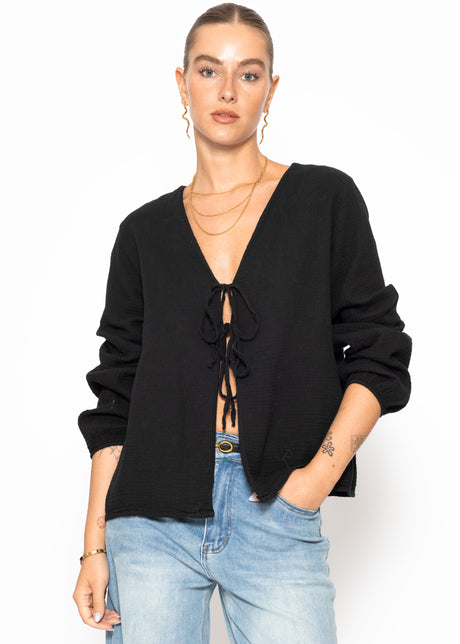 Muslin blouse jacket with ties - black by SASSYCLASSY